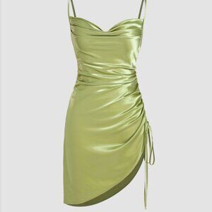 Satin Ruched Cowl Neck Mini Dress
